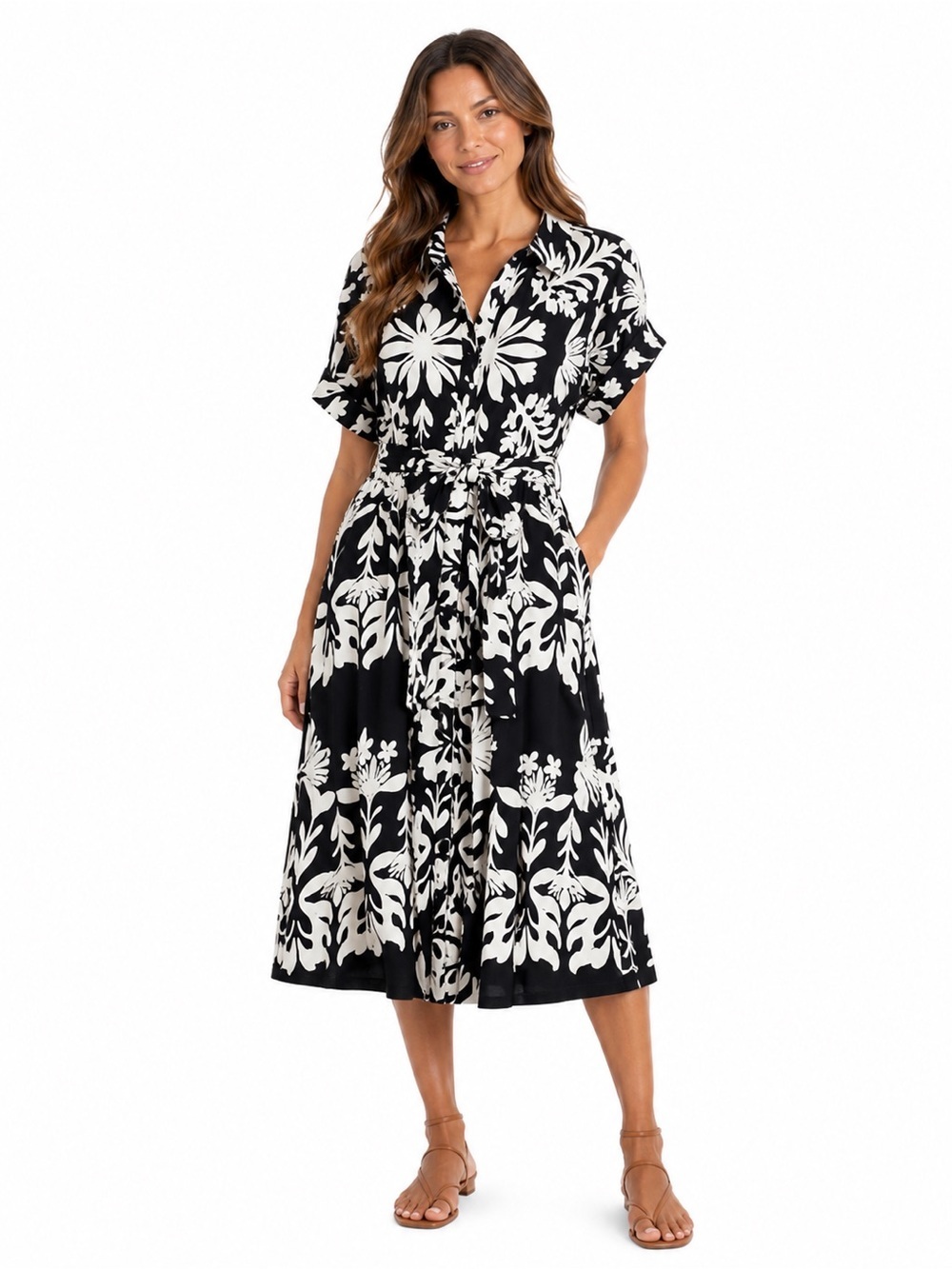GOA Paris Black White Floral Midi Shirt Dress Belted Size L NWOT